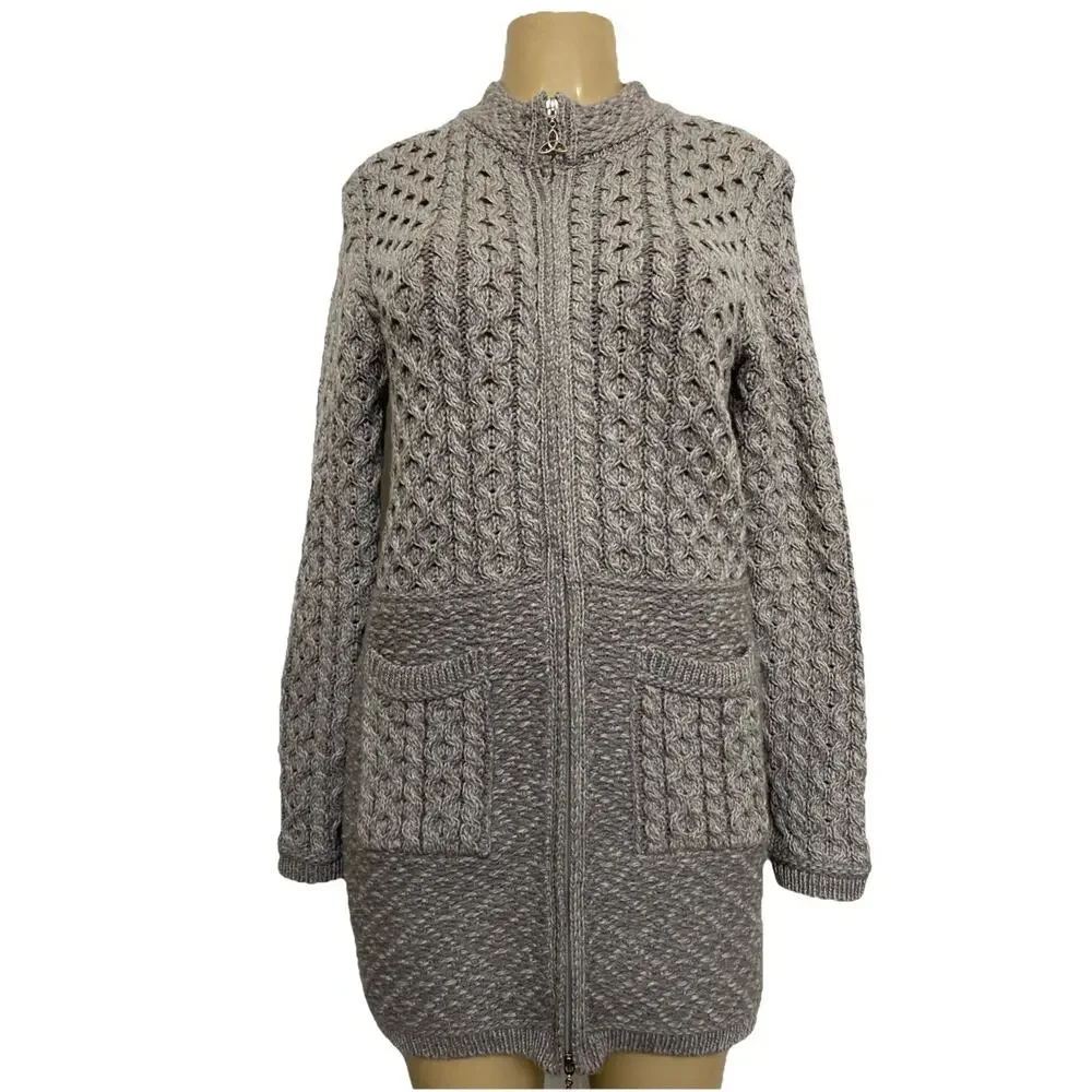Aran Crafts Irish Cable Knit Sweater Coat Zip Fisherman Wool Gray Cardigan S